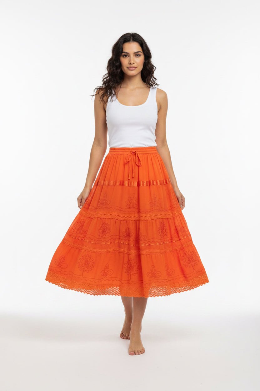 Embroidered Cotton Tiered Midi Skirts
