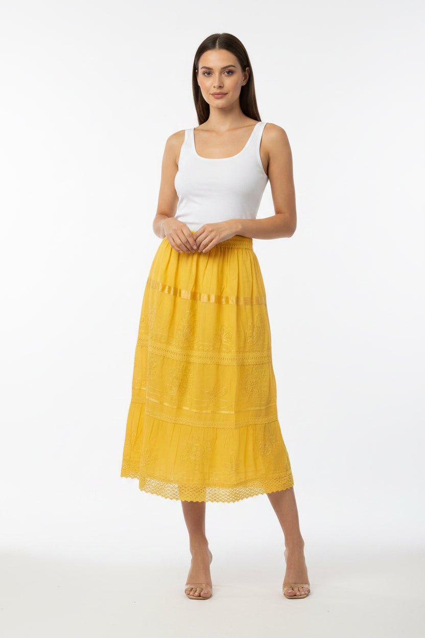 Embroidered Cotton Tiered Midi Skirts