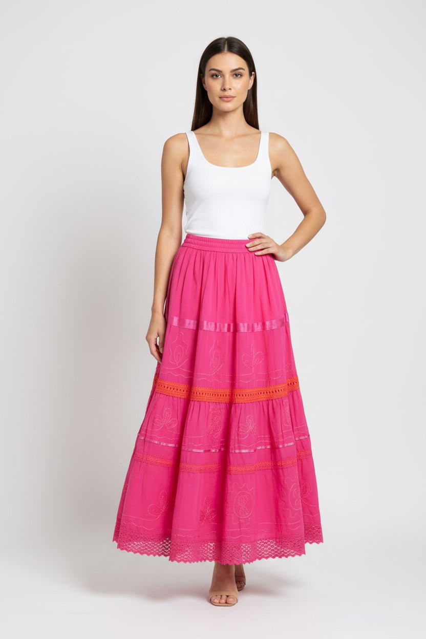 Embroidered Cotton Tiered Midi Skirts