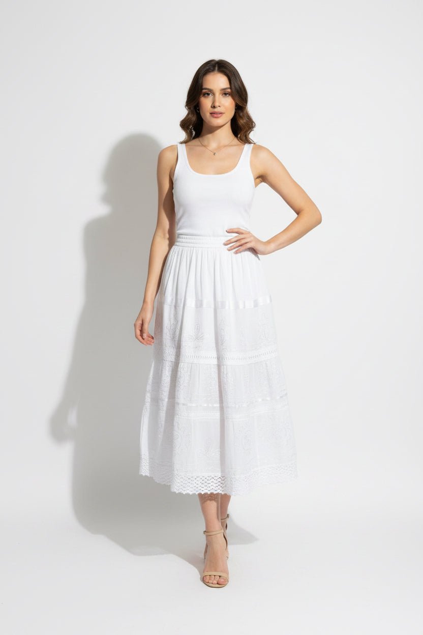 Embroidered Cotton Tiered Midi Skirts